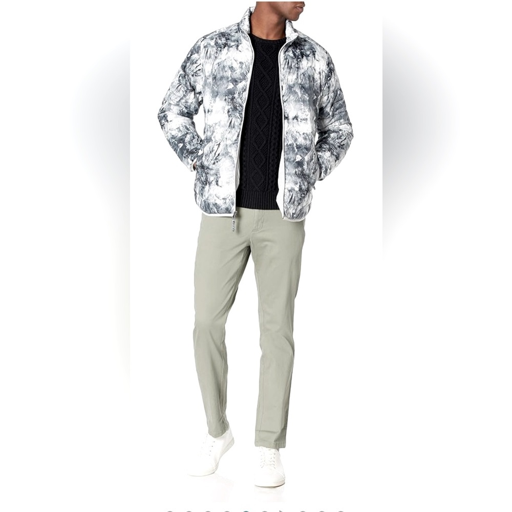 NWT Men’s Packable Puffer Jacket Black White Marble Print w/Long Sleeves Size M